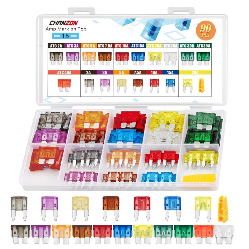 Chanzon Standard & Mini Car Blade Fuse Assotrment Kit ATC ATM 90 PCS 18 Values (2A 3A 5A 7.5A 10A 15A 20A 25A 30A 35A 40A) Car Truck RV Automotive Motor Boat 32V 12V Fuse Assorted UL Listed - Image 1